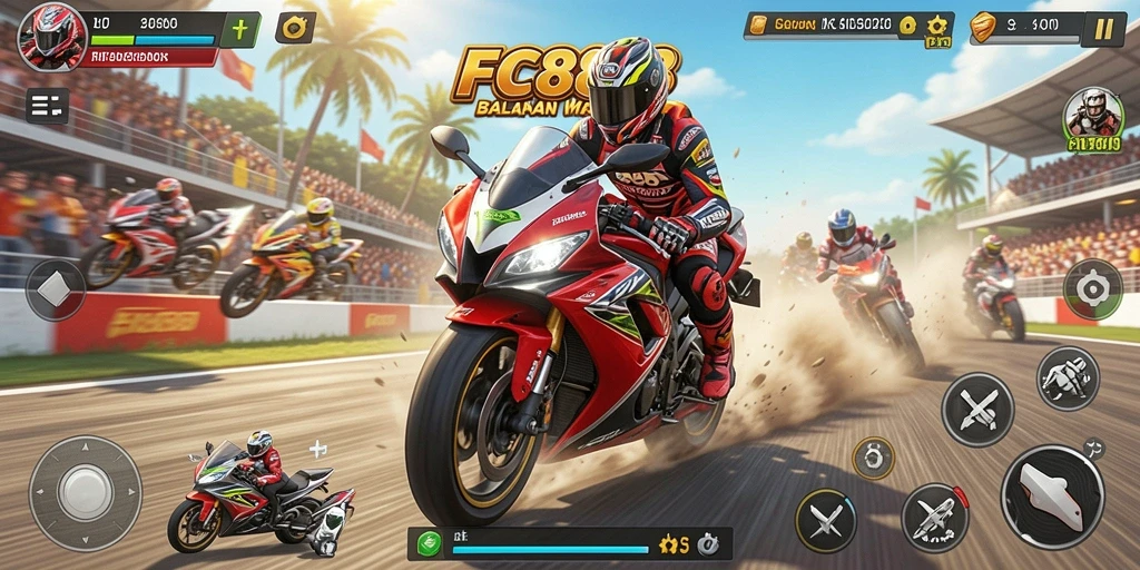 Tampilan gameplay FC888 dengan aksi balapan motor yang seru.
