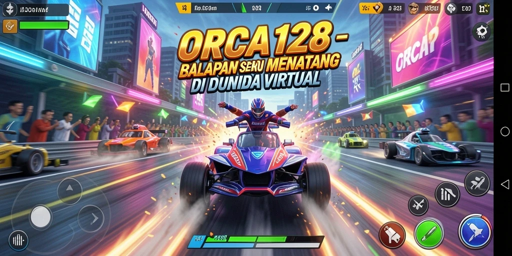 Tampilan layar gameplay ORCA128 saat balapan intens.
